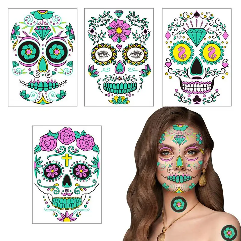 

Skull Face Stickers Sparkly Ghost Decal Halloween Funny Face Stickers With Flower Temporary Body Sticker Decals For DIY