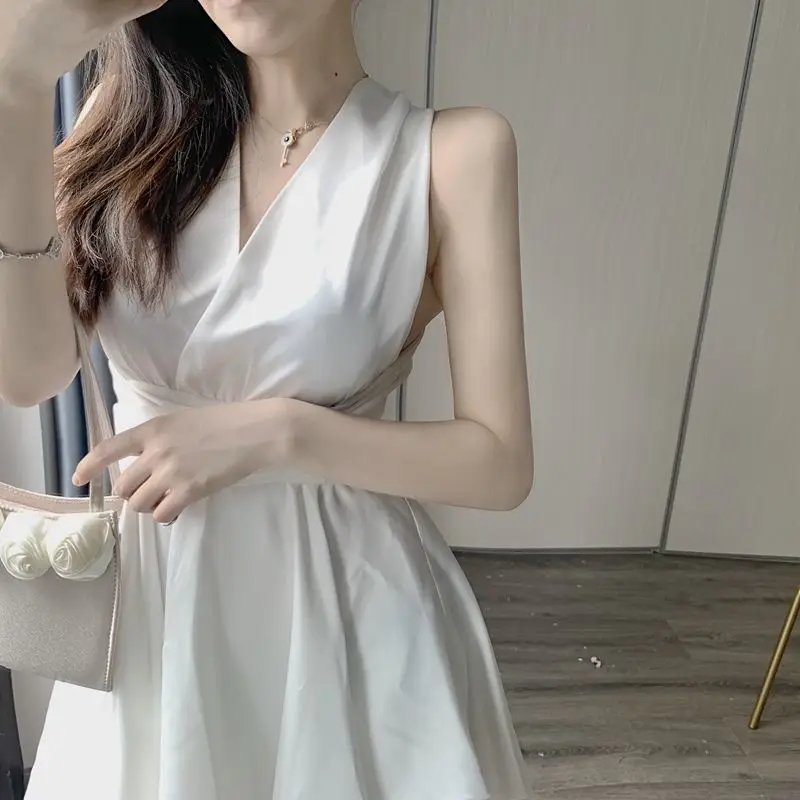 

Backless Sexy Dressses for Women Sleeveless Elegant Solid Dress Party Evening One Piece Dress Korean 2022 Summer Bandage Design