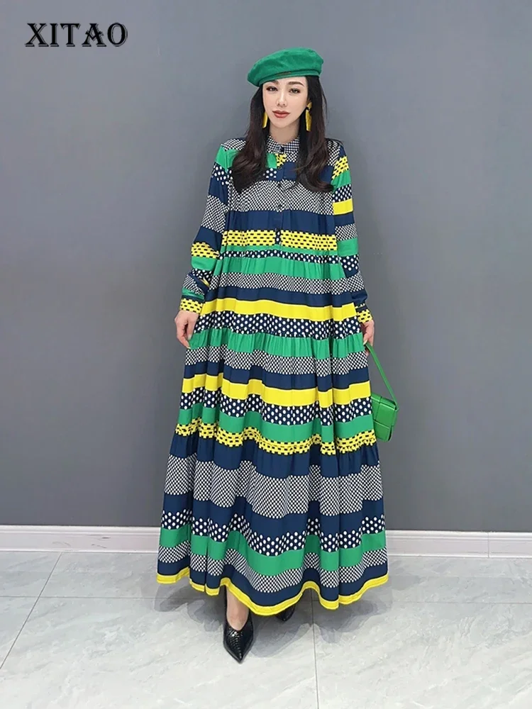 

XITAO Fashion Stand Color Shirt Dress Casual Fashion Contrast Color Splicing Loose Women Dress 2023 Initial Autumn New ZZ0114