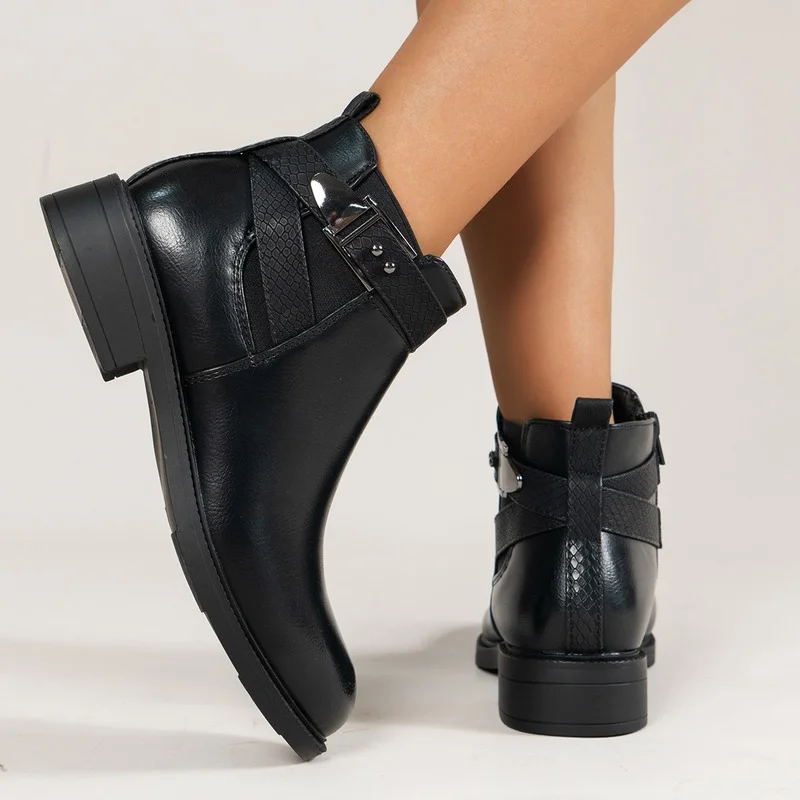 

Black Ankle Boots 2022 Thick Heels Leather Women Winter Boots Fashion Casual Chelsea Boots Female Plus Size Women Platform Boots