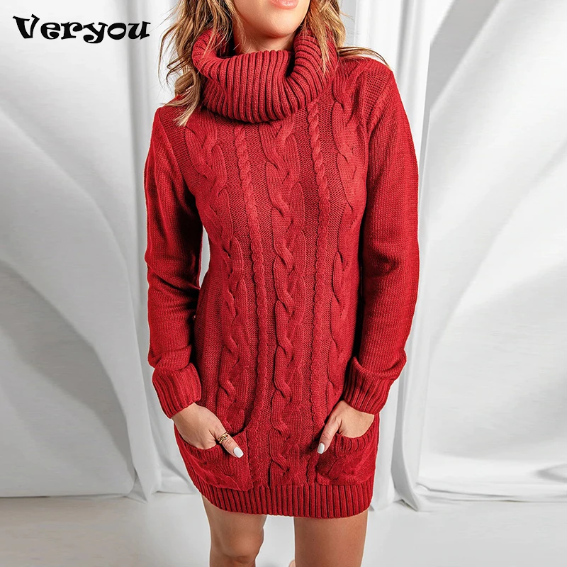

Turtleneck Long Sleeve Pockets Solid Thickened Sweater Pullovers Autumn Winter Knitted Ribbed Edge Slim Twist Knitted Dress 2022