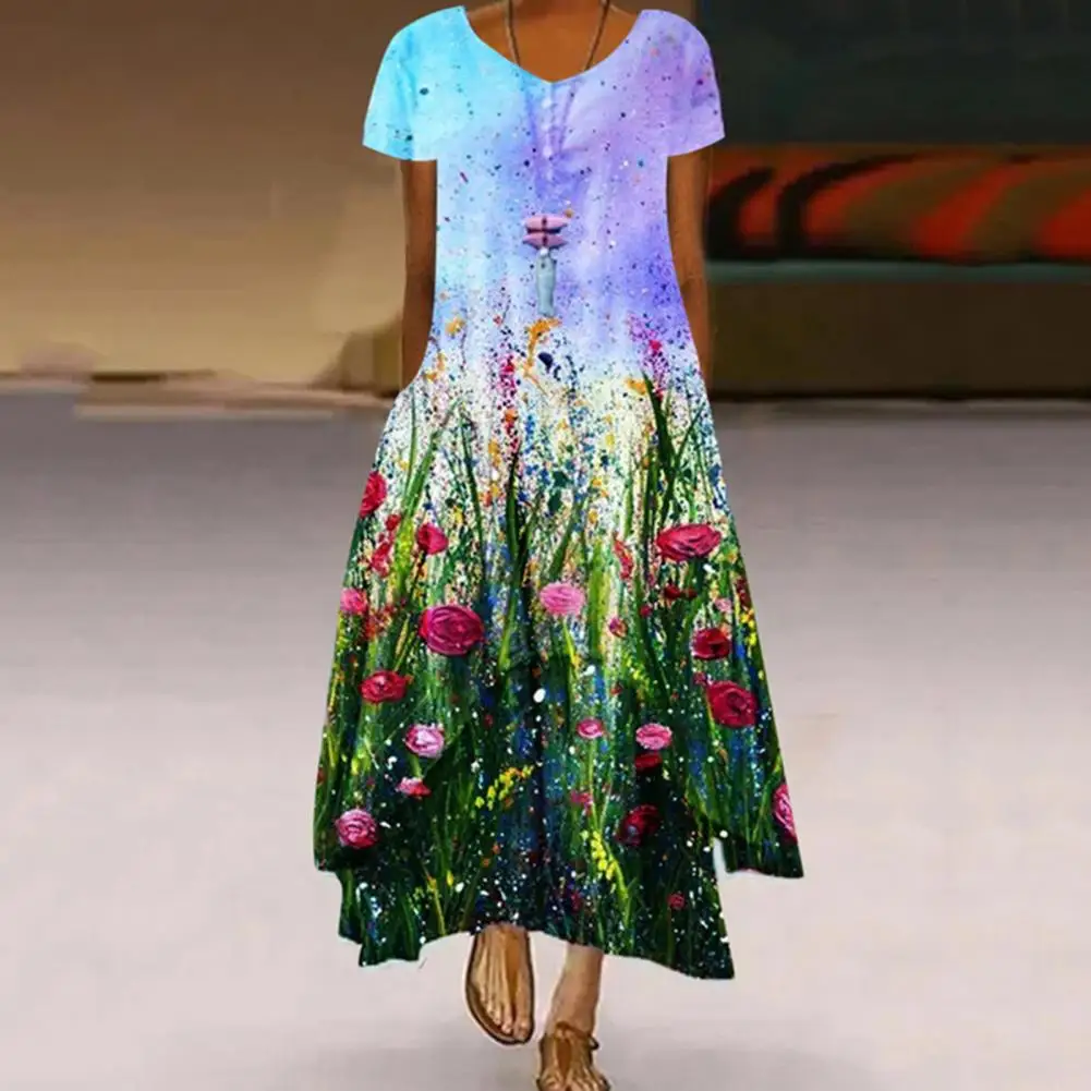 

Flower Print Ankle Length Party Dress Artistic Big Hem V Neck Women Dress Stylish Short Sleeeves Big Hem Summer Dress For Dating