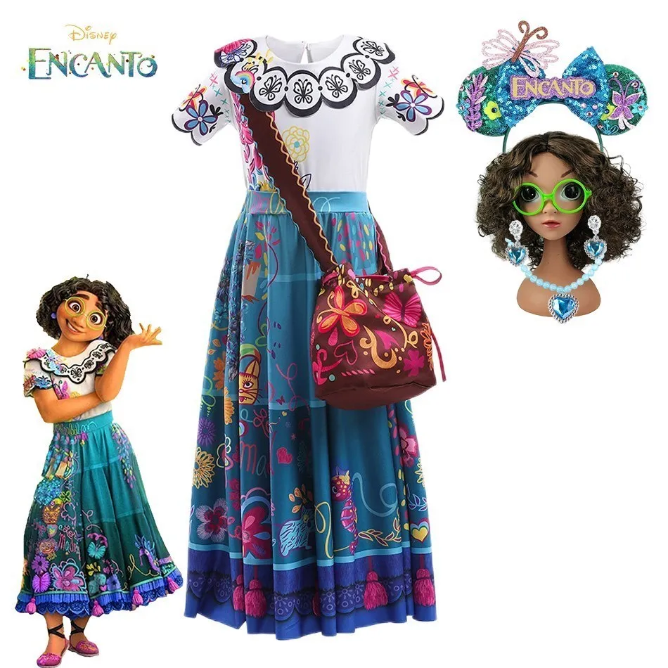 

Princess Dress With Bags Kids Encanto Costume For Girls Mirabel Madrigal Party Dress Children Haloween Cosplay Costume