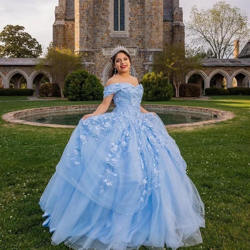 ANGELSBRIDEP Небесно-голубое платье принцессы Мексиканской Quinceanera с открытыми плечами