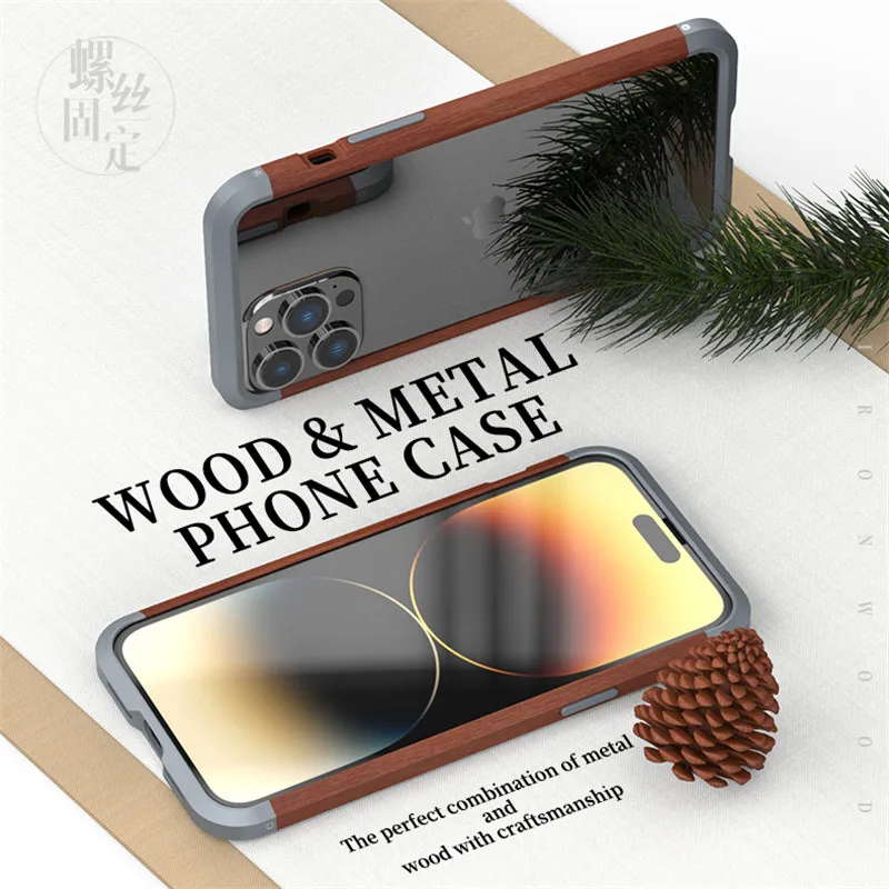 

Hot Wood Metal Phone Case For Iphone 14 Pro Max Plus Aluminum Slim Natural Wood Bumper For Iphone14 Pro Max Pro Cover