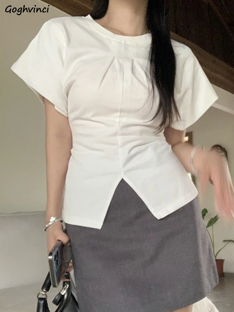 

T-shirts Women All-match Solid Leisure Streetwear Folds Simple O-Neck Classic Style Ulzzang Popular Daily Students Holiday Chic