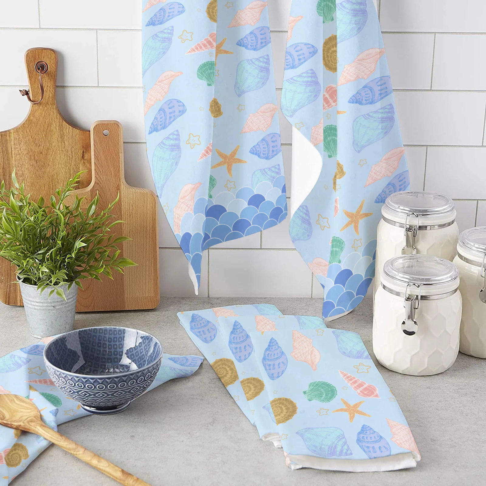

Ocean Shell Starfish Hand Towels Dishcloth Utensils for Kitchen Microfiber Cleaning Cloths Household Wipe Towel