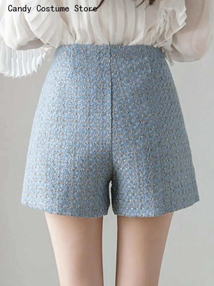 Female Fashion Black Shorts New Spring Autumn Double Breasted Shorts Women Tweed Shorts Retro High Waist