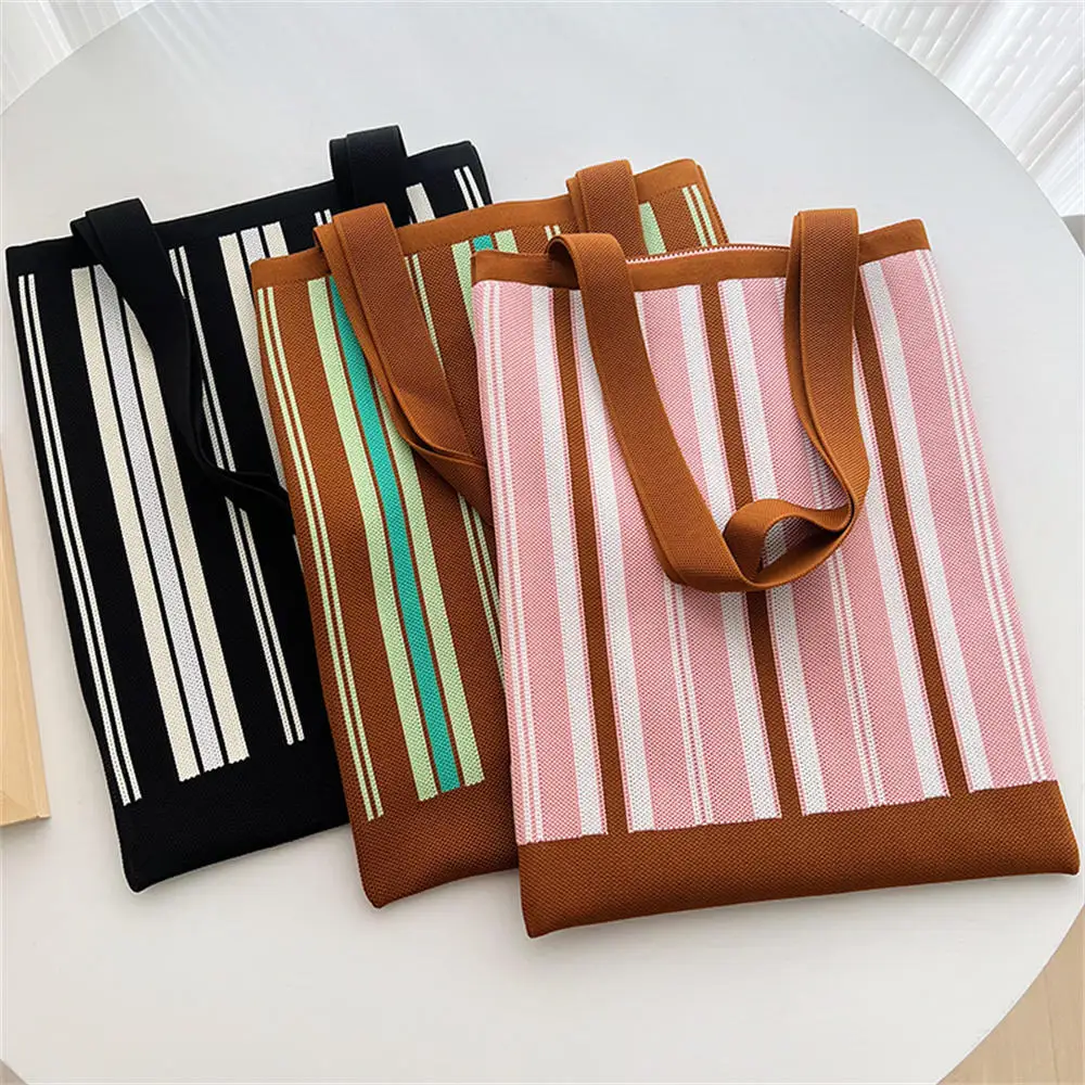 

New Women'S Woven Stripe Shoulder Bag Retro Splicing Vertical Stripe Knitted Handbag Winter Large Capacity Shopping Bags Tote