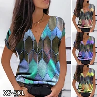 2022 women fashion tops short sleeve tees color block printed zipper v neck casual blouse xs 5xl