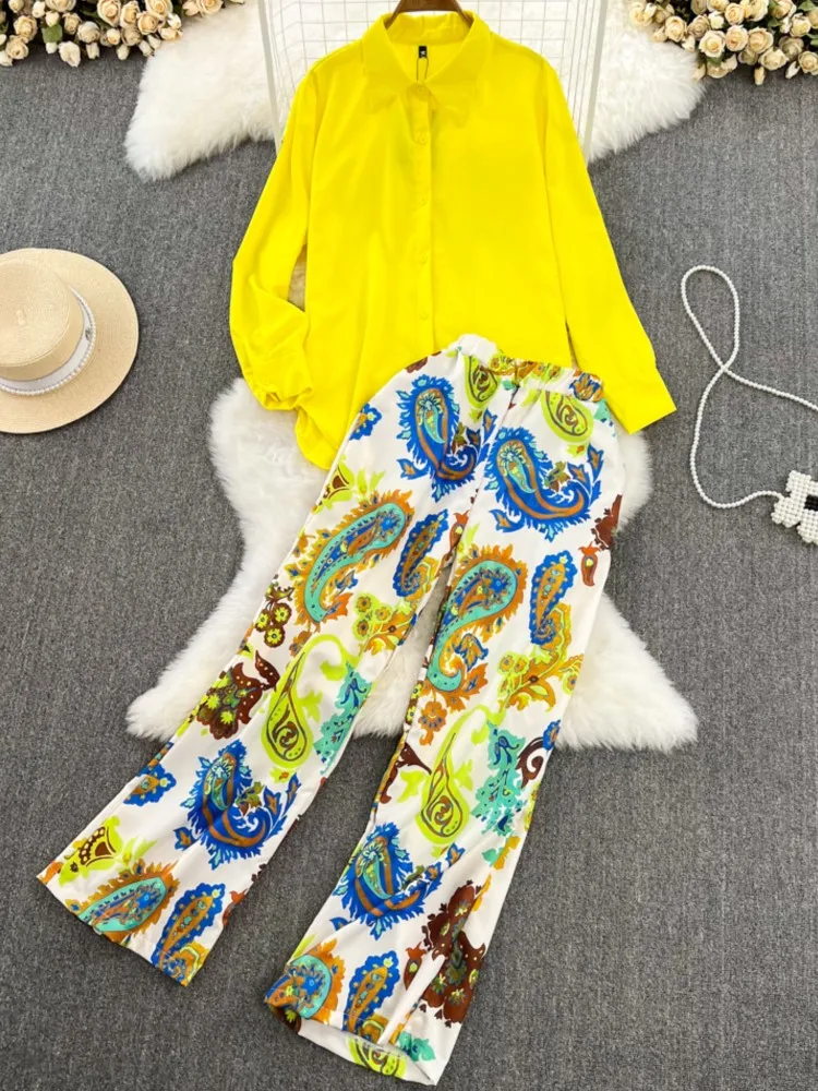 

Vintage Women 2 Pieces Set Solid Casual Loose Yellow Shirts Tee High Waist Trousers Suit Female Fashion Beach Spring Pantsuit