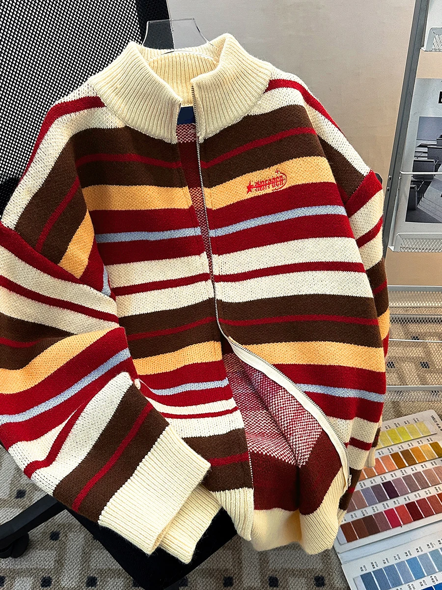 Американский винтажный кардиган на молнии в контрастную цветную полоску мужской