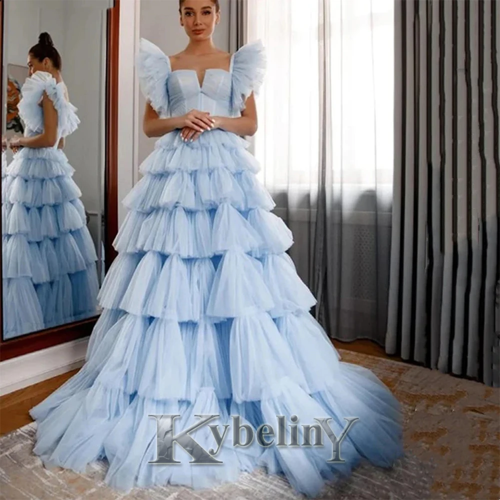 

Женское платье для выпускного Kybeliny, голубое Тюлевое вечернее платье с квадратным вырезом и расширяющимся книзу рукавом, индивидуальное изготовление