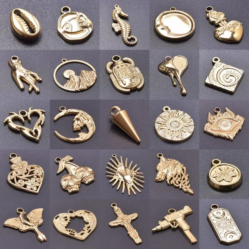 

Stainless Steel Gold Color Pistol Charm Cone Heart Moon Hand Sun Pendant Accessories Jewelry Making Findings DIY Materials 5pcs