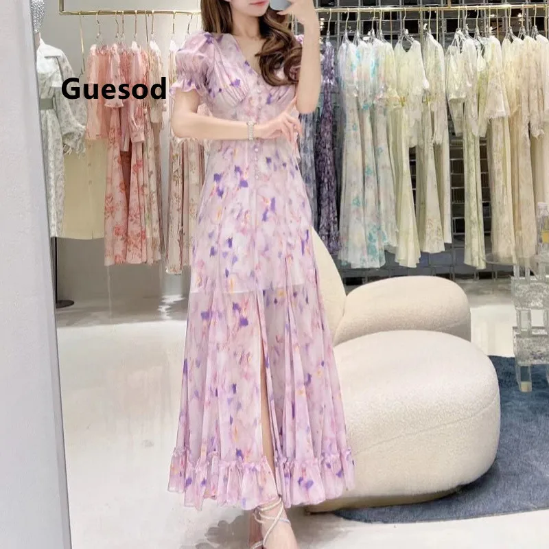 

Guesod Women Silk Dress 2022 Summer Female Silk Floral Three-Dimensional Cut Slim Expansion Bottom Silk Long Dress New