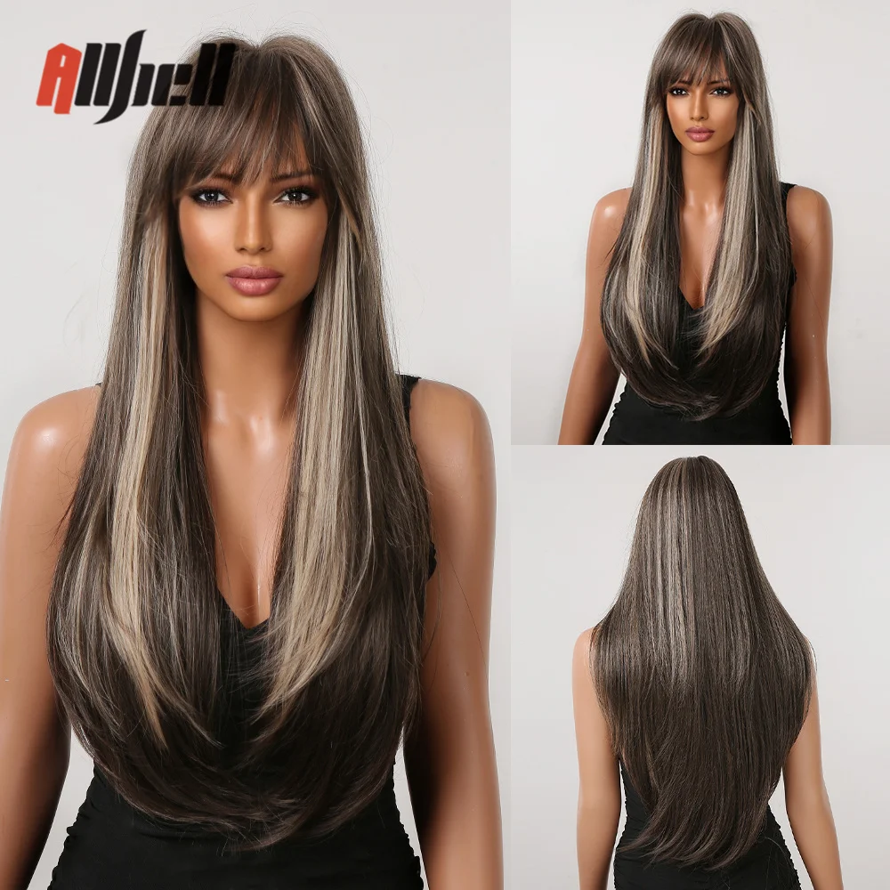 

Straight Brown Blonde Highlight Hair Wig with Bangs for Black Women Long Synthetic Wigs Heat Resistant Fiber Wig Cosplay Daily