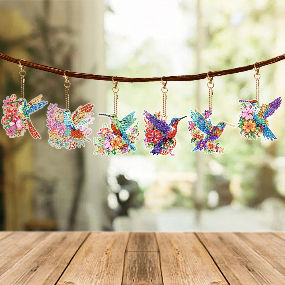 6 шт. двусторонний брелок для ключей с птичьими котами и цветами