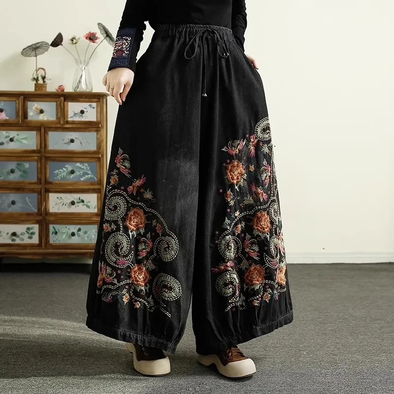 Женские винтажные тяжелые джинсы свободные длинные брюки из денима с вышивкой и