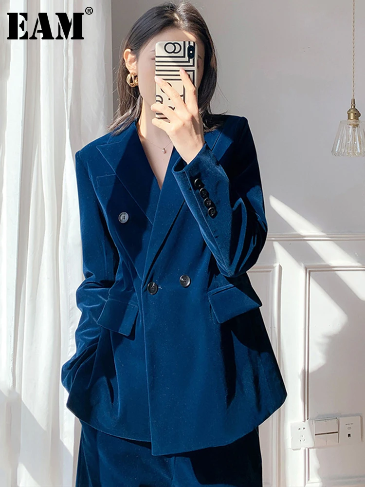 

[EAM] широкие брюки бархатный костюм из двух предметов новый отворот с длинным рукавом синий свободный крой Женская мода весна осень 2023 1DE3383