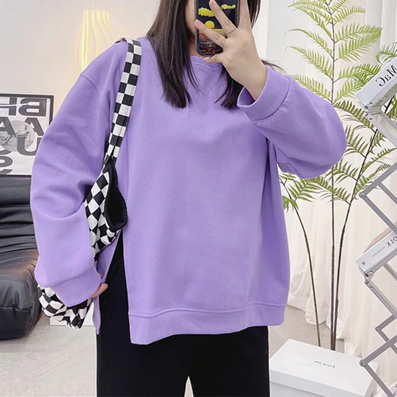 Autumn Winter Plus Size Solid Casual Women Top Korean Crew Neck Slit Long Sleeve Adding Velvet Without Pilling Loose Sweatshirts