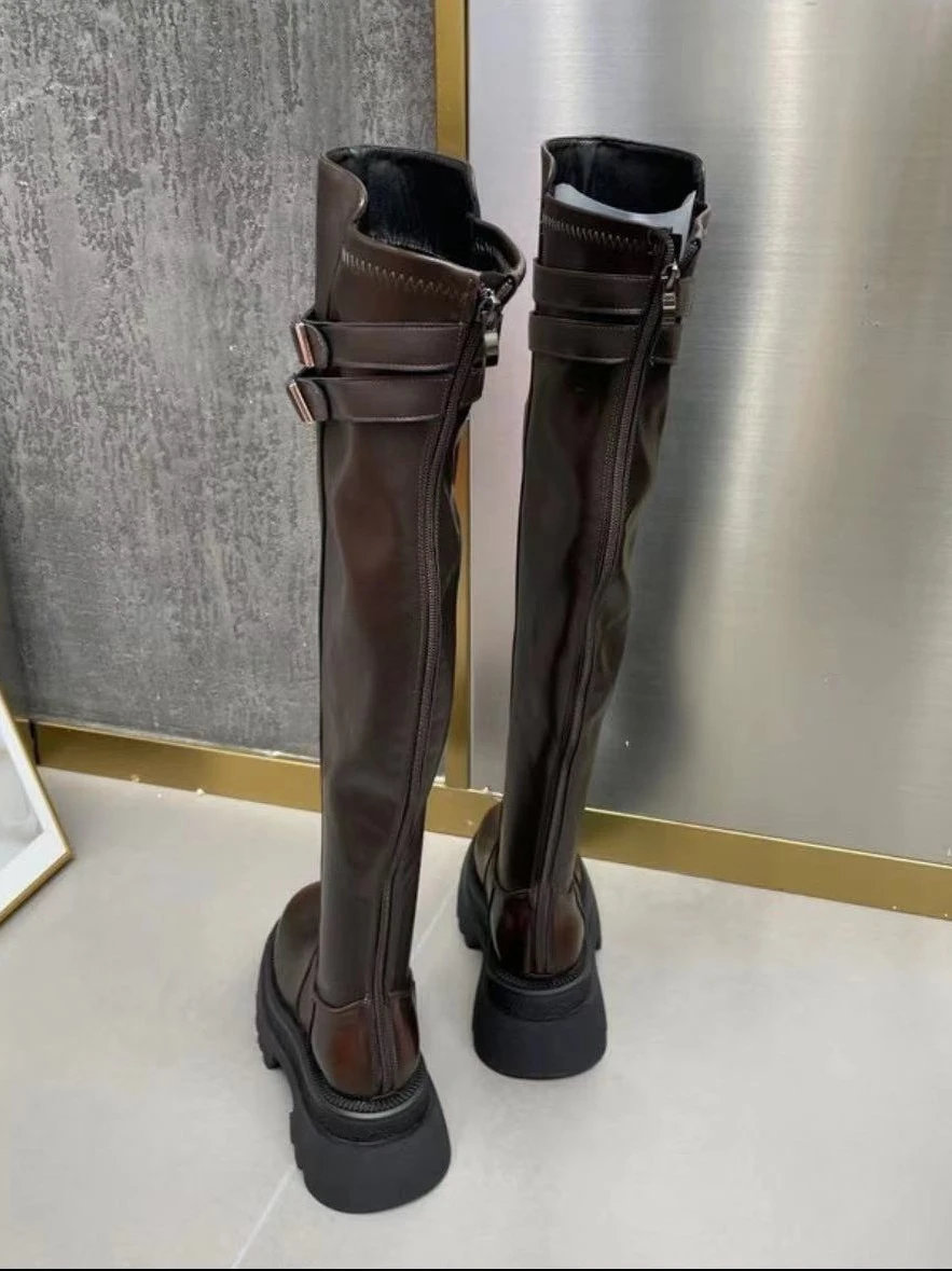 Женские сапоги Осенняя обувь на молнии с круглым носком привлекательные до бедра