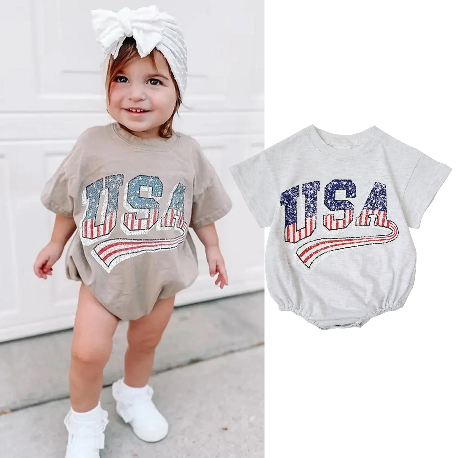 

2022-01-05 Lioraitiin Newborn Baby Boys Girls Independence Day Romper 0-24M Letter Printed Short Sleeve Sweatshirt Jumpsuits