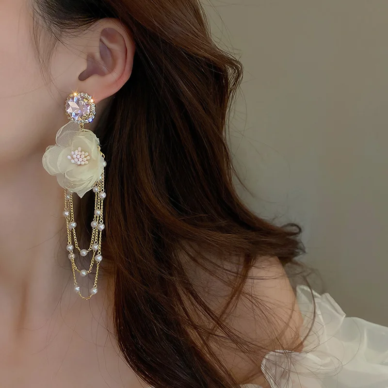 

Beautiful Organza Flower Earrings With Long Pearl Tassel Ear Drops Pink Crystal Jewelry Fashion Gift Pendientes De Borla