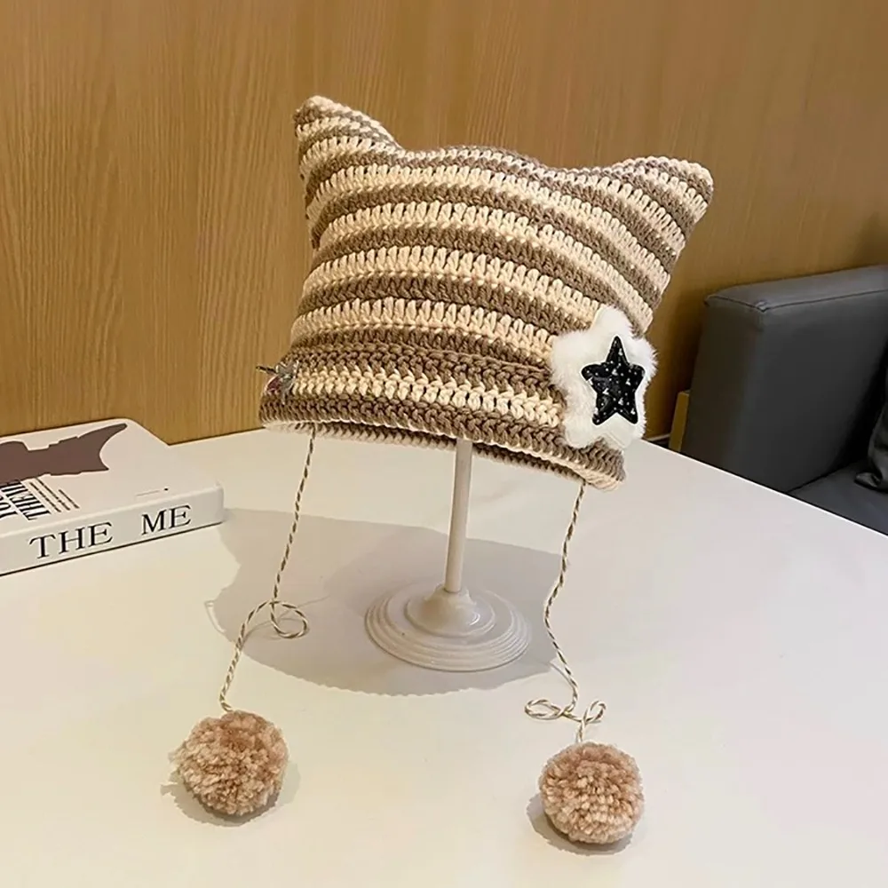 Вязаная шапка-бини с кошачьими ушками цвета в ассортименте