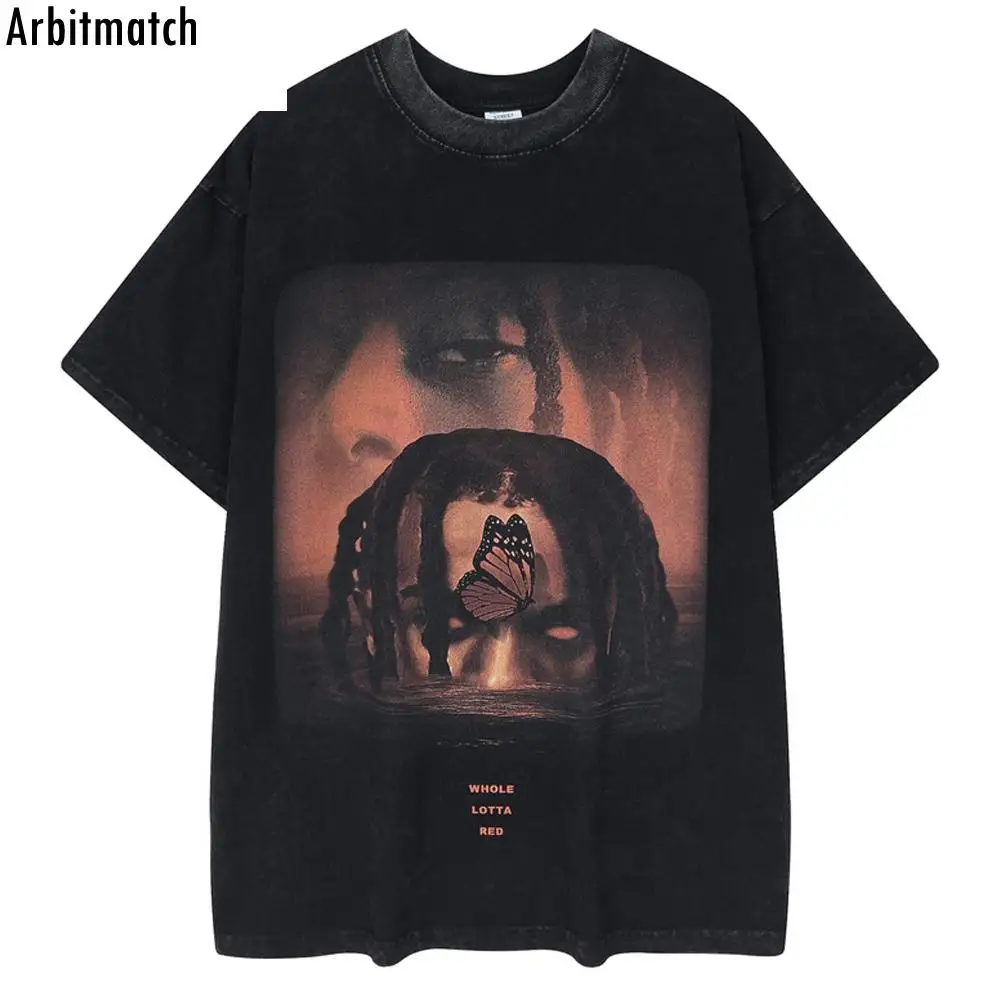 

Футболка мужская с принтом, уличная одежда в стиле хип-хоп, топ с принтом в виде обложки рэпера, из хлопка с эффектом потертости, с коротким р...