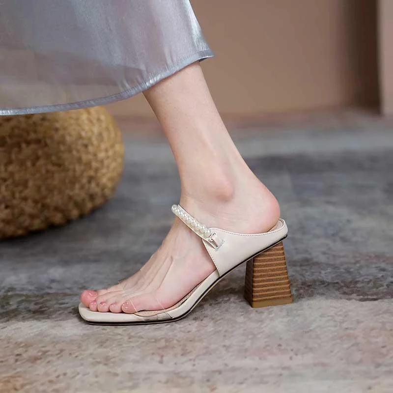 Women's Slippers 2022 Summer Sandals Transparent Slippers Chunky Heels High Heels Pearl Open Toe Roman Shoes Women's Shoes