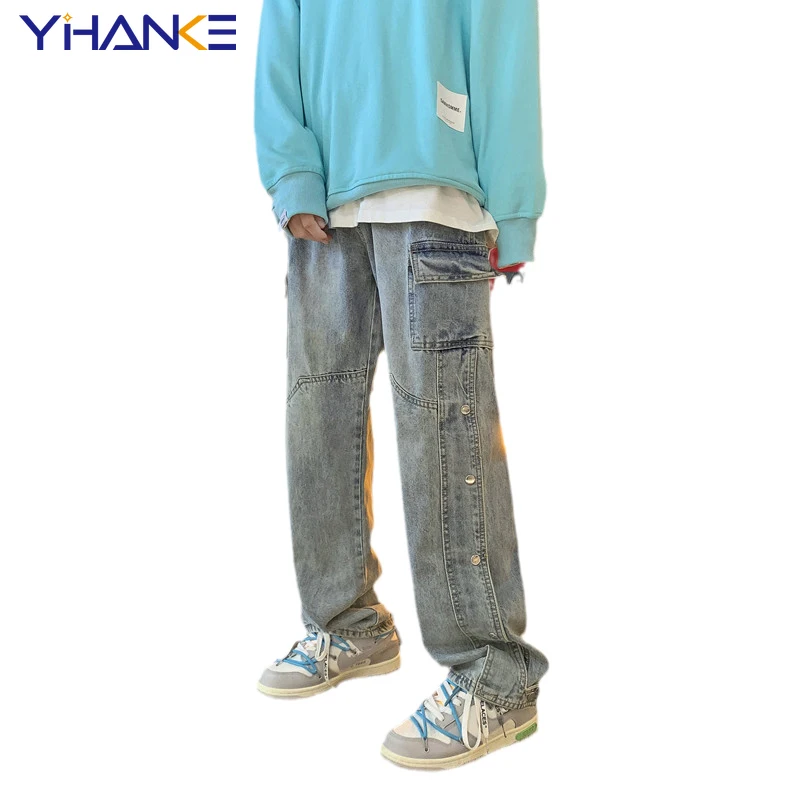 YIHANKE Washed Splicing Jeans Men's Straight Pants Multi Pocket Loose Jeans Solid Color Hip Hop Street Men's Pantalones Hombre