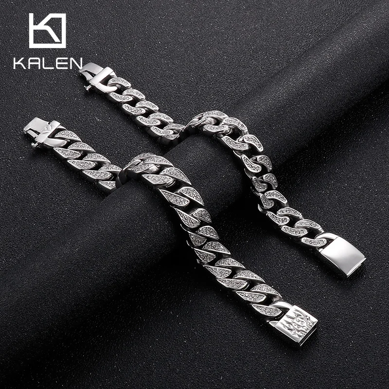 

Stylish Shiny Cuban Chunky Chain Bracelets For Men Silver Color Rhinestone Graphic Bracelets Punk Hip Hop Wristband Jewelry