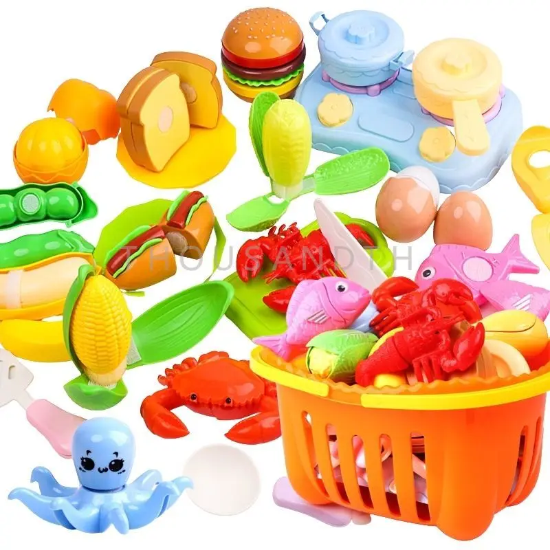 

36PCS Cut Vegetable Fruit Tools Seafood Knife Montessori Prtend Play Food Breadbasket Gift Set Child Toy Cooking Pots Set