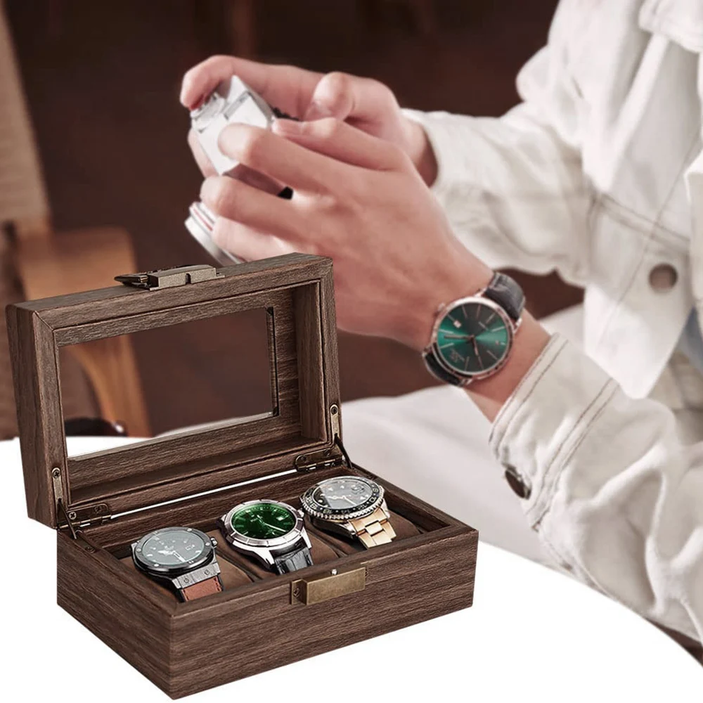 3/6/10/12 Slot Pu Leather Watch Box Protable Travel Watch Case Storage Vintage Wood Colour Buckle Watch Stand Jewelry Organizer