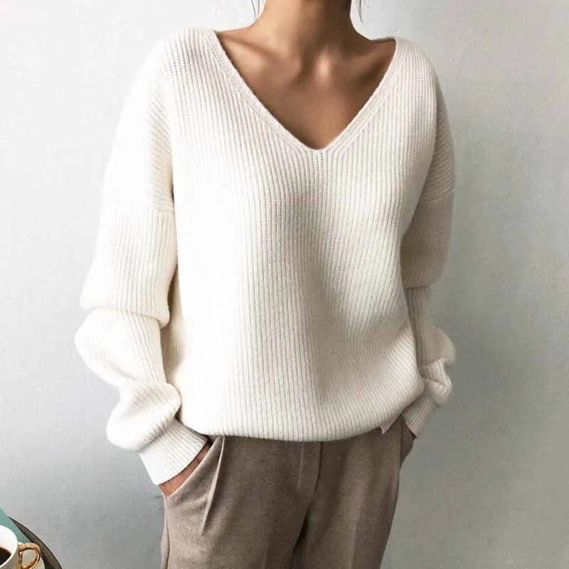 

2023 Autumn Korean V-Neck Loose Solid Sweater Spring Women Warm Thick Pullover Office Lady All Match Knitwear Bottoming Sweater