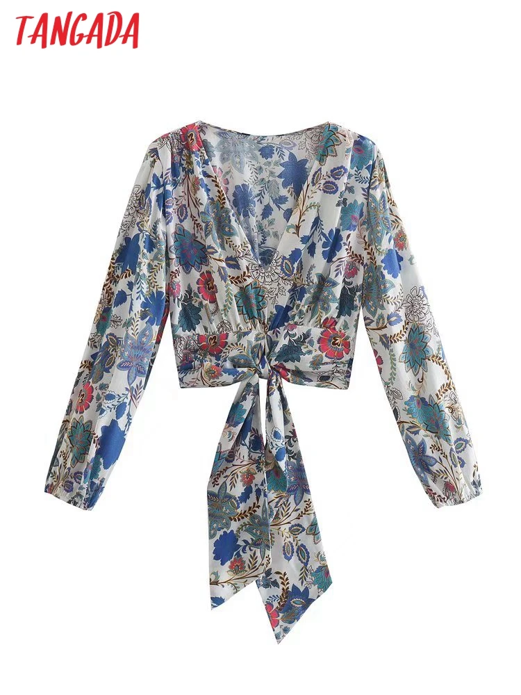 

Женская укороченная рубашка с цветочным принтом, бантом и боковой молнией