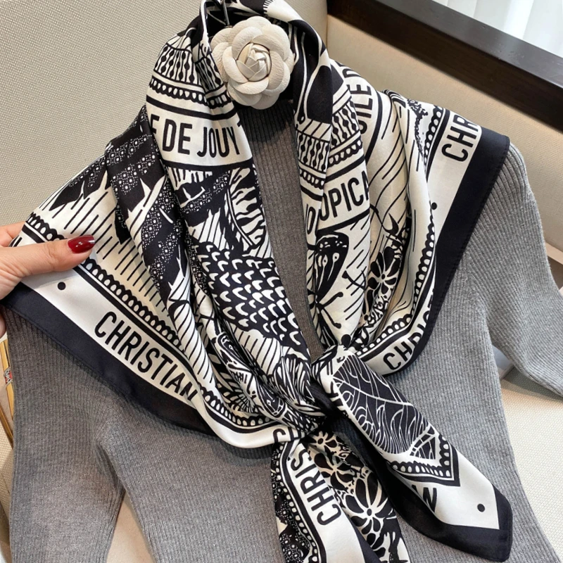 

Luxury Brand Square Silk Scarf Women Satin Print Hijab Scarves Muslim Pareo Bandana Female Shawl Wrap Headband Foulard 90*90cm
