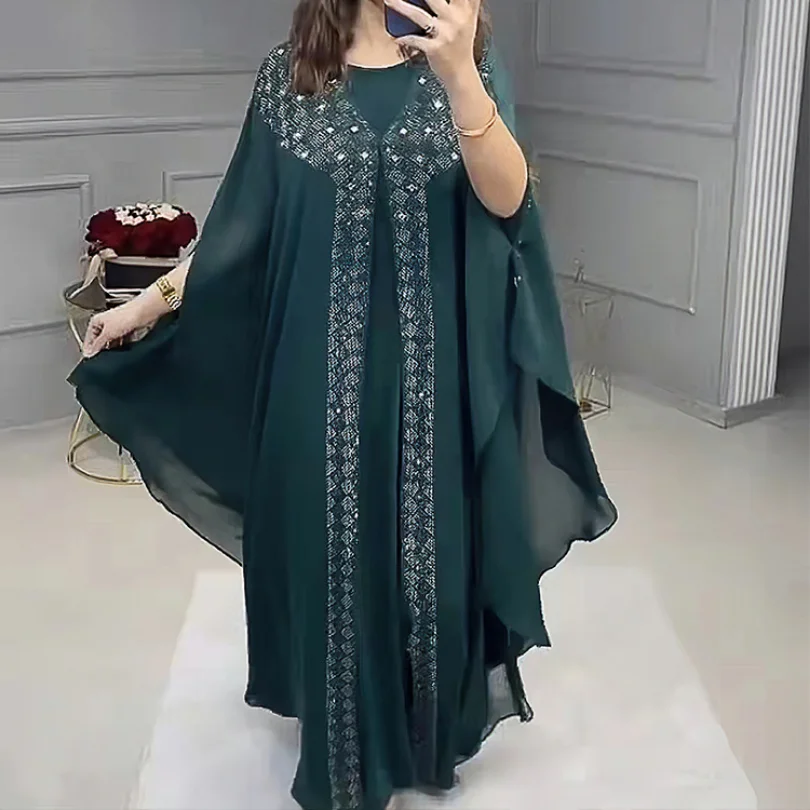 

Luxury Rhinestones African Dress for Women Kaftan Africa Clothing Robe Femme Chiffon Evening Long Dress Muslim Abaya 2 Piece Set