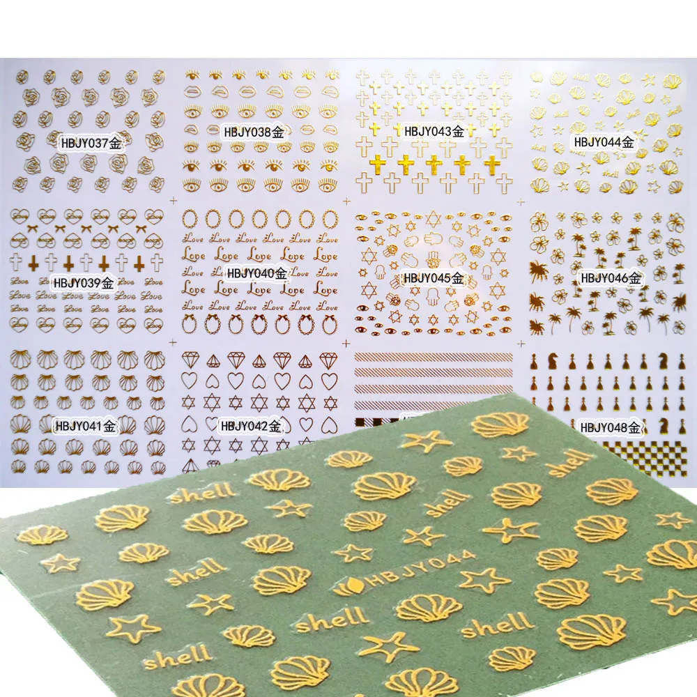 

12PCS/lot Nail Art 3D Decal Stickers Golden Color Hearts ( Shell, Flamingo, Palm tree, Starfish,etc )Nail sticks. Nail Decals