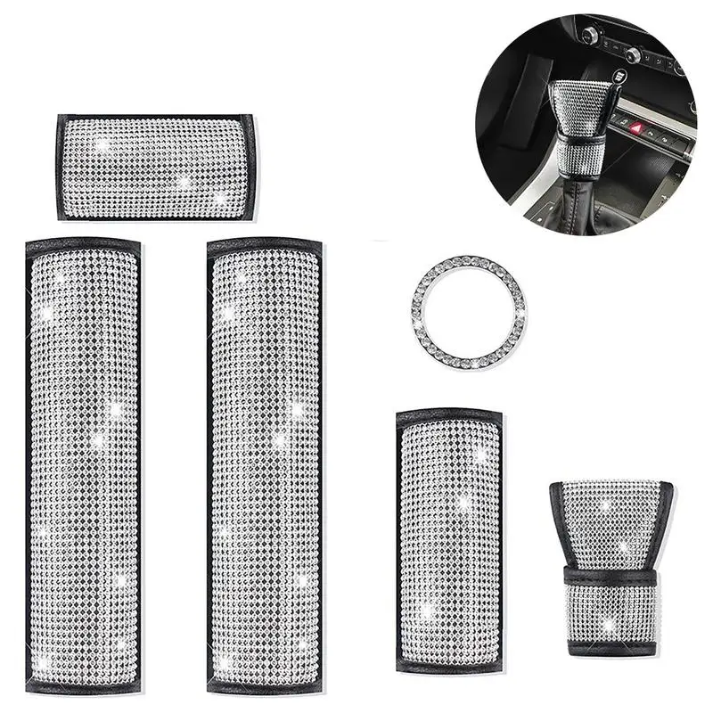 

6pcs Car Shoulder Pads Shifter Gear Hand Brake Covers Set With Crystal Rhinestone Auto Interior Accessories