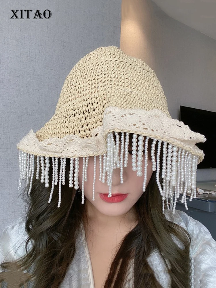 

XITAO Fashion Pearl Tassel Straw Bucket Hats Summer New Women Can Be Folded of Shade Sun Protection Splicing Lace Lacing WMD6783