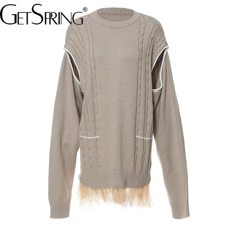 

Getspring Women Sweater Hollow Out Irregular Feather Patchwork Long Knitting Knitting Tops Asymmetrical Long Pullover Tops 2022