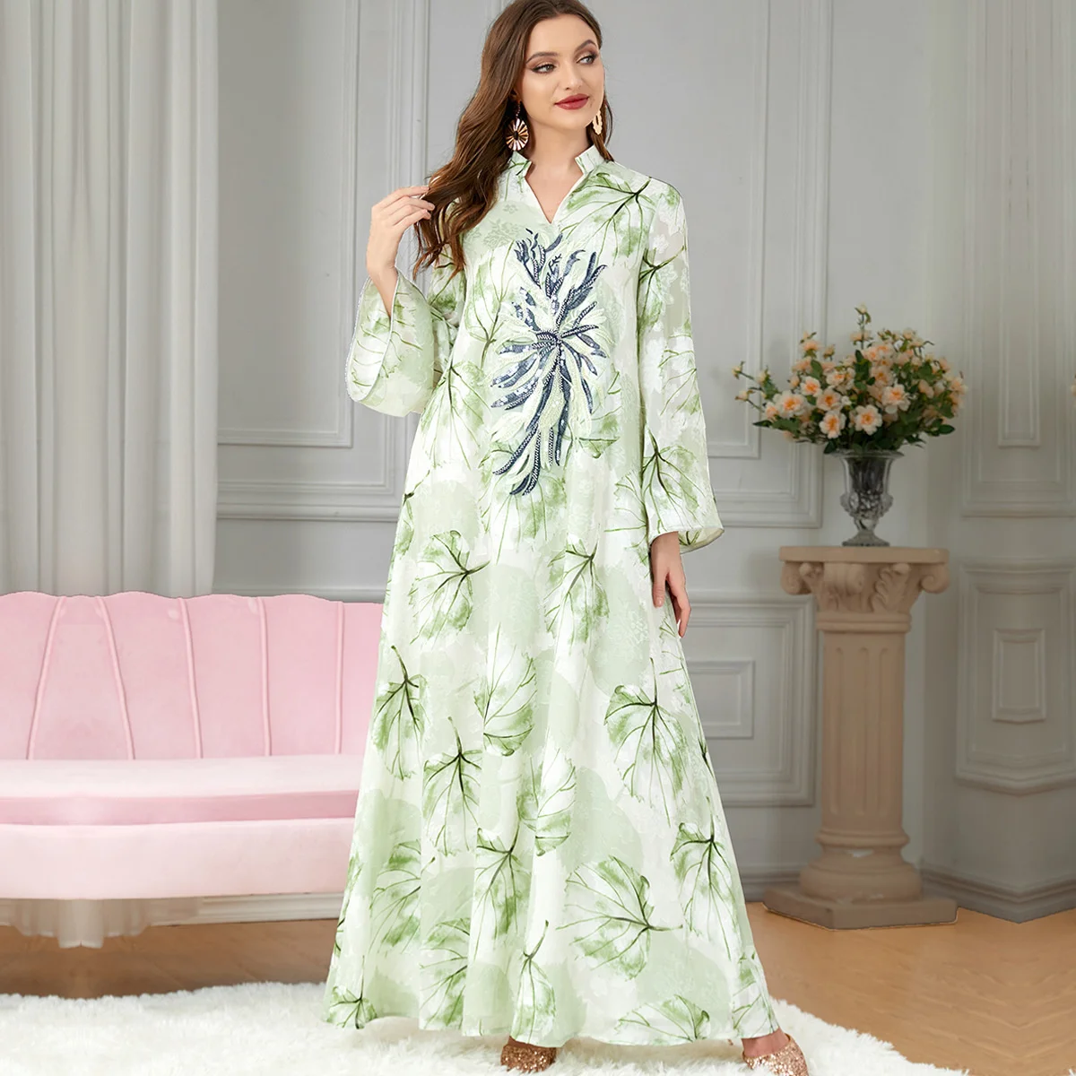 

Muslin Dress for Dubai Abaya Kaftan Arab Middle East Women Robe Green Print Loose Long Dress for Wedding Fashion Female Clothing
