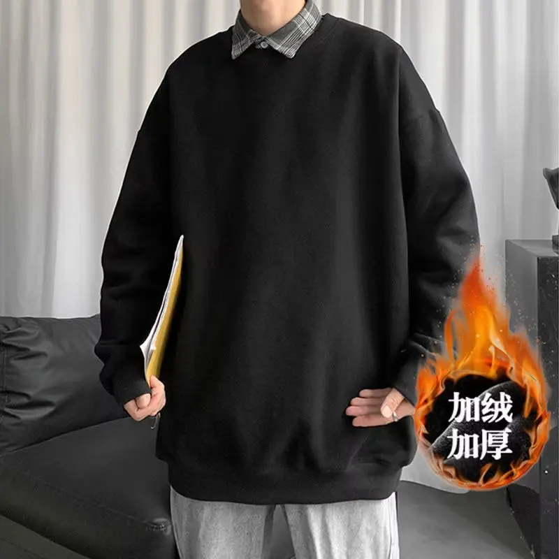 

2022 autumn and winter new solid color loose sweater men's tide brand Korean version plus velvet thick inner top trend