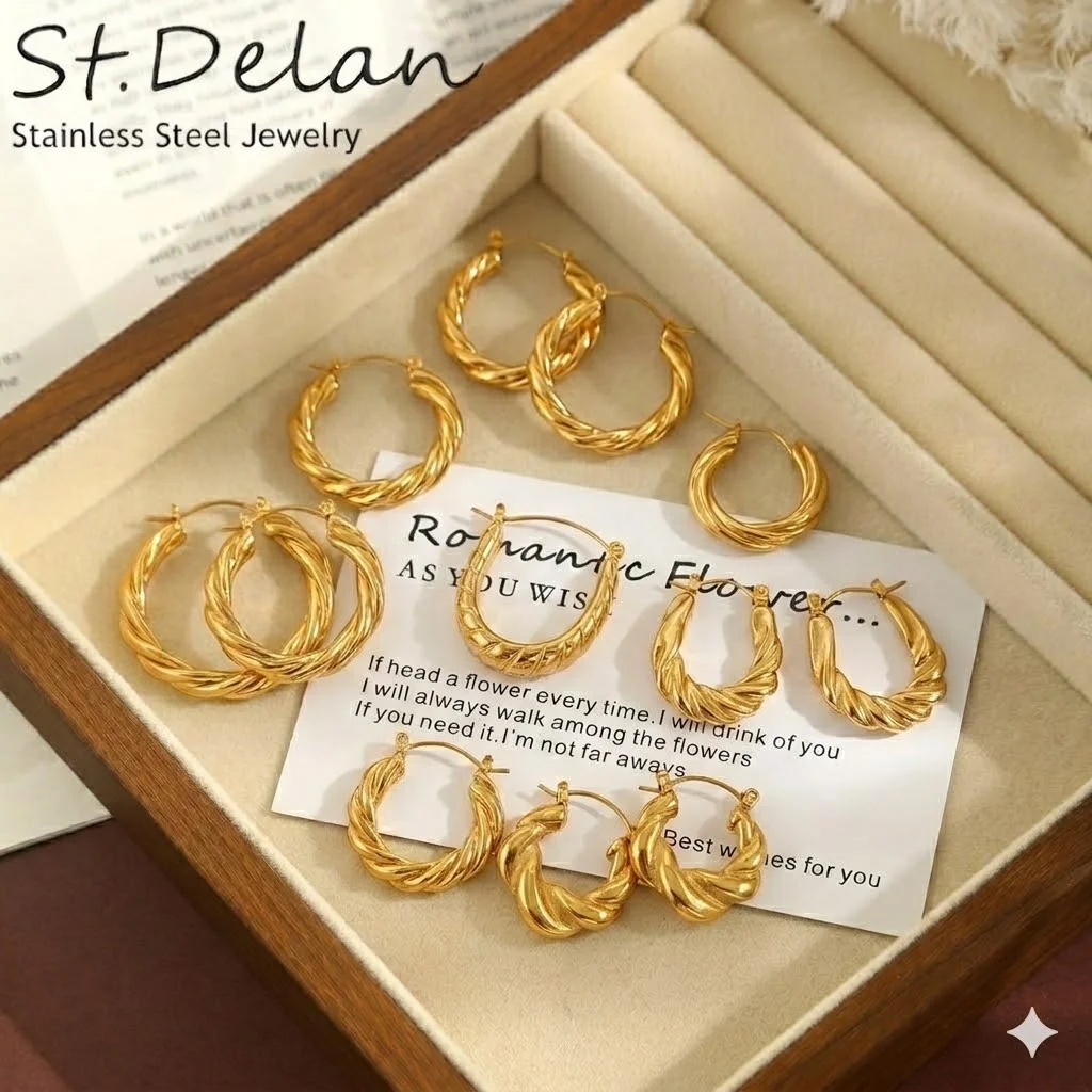 Фото Серьги-кольца St-Delan 7 Styles of Twisted Croissant — позолоченные 18-каратным золотом серьги-кольца и пусеты из нержавеющей стали для женщин №4