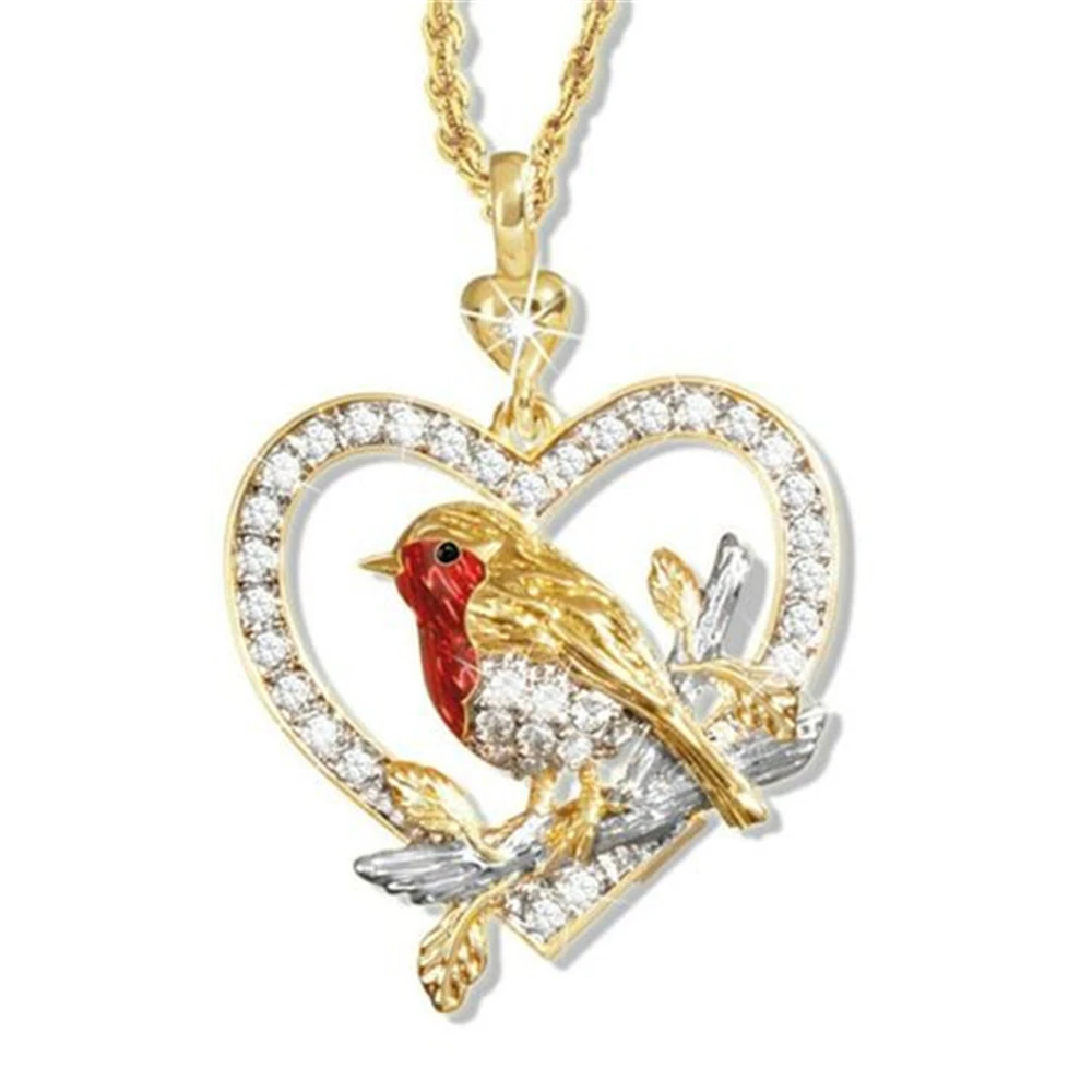 

Delicate Gold Heart Rhinestone Robin Bird Pendant Necklace Fashion Women's Necklace Cute Jewelry Accessories Anniversary Gifts