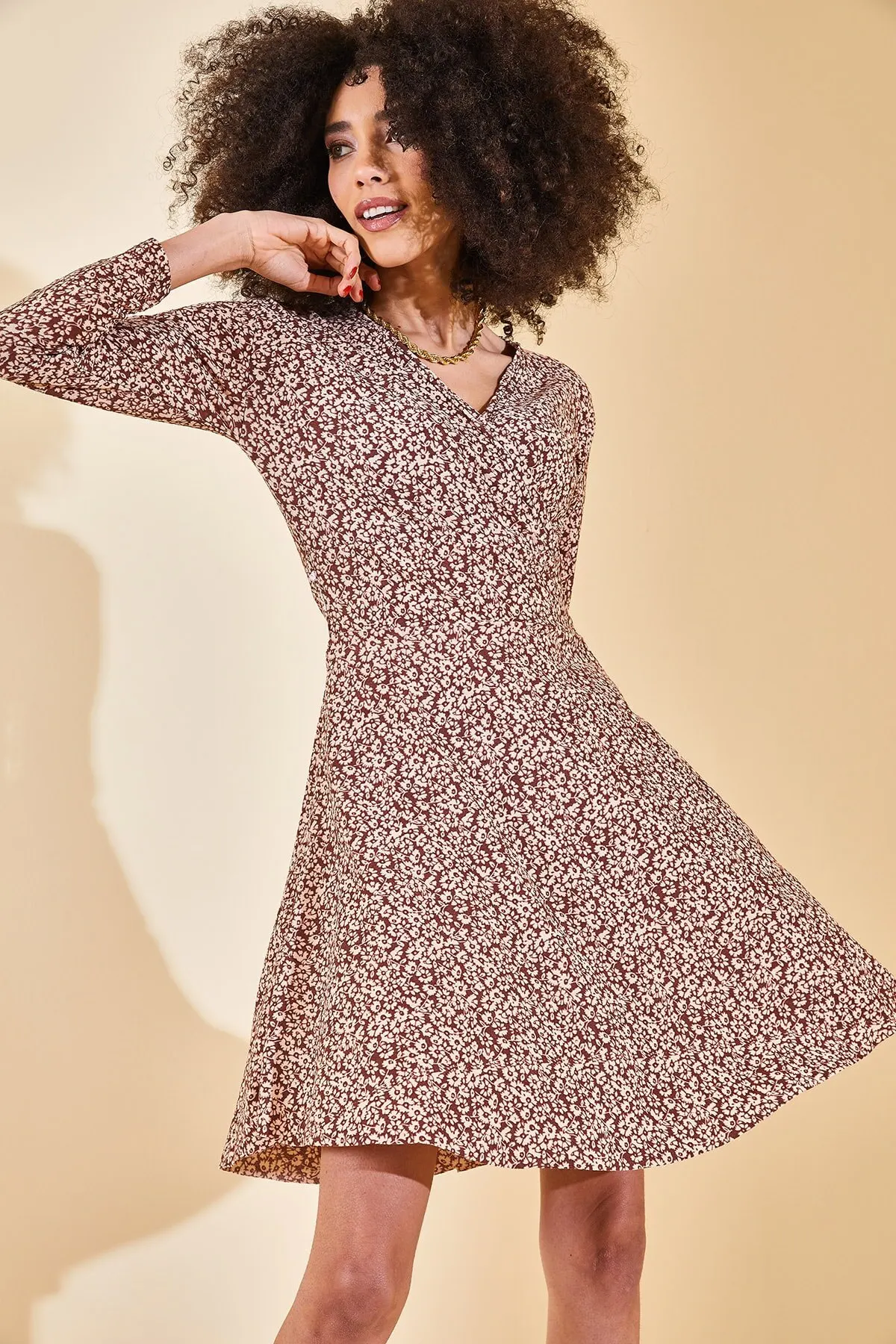 

Women's Dress Brown Double Breasted Collar Floral Pattern Summer Fashion Casual Short Sleeve Elegant Dress