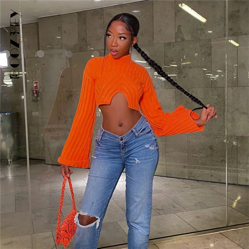 

BoozRey Autumn Winter Women Crew Neck Warm Knitted Trumpet Sleeve Cropped Design Sweater Orange Knit Lady Loose Sweaters Tops
