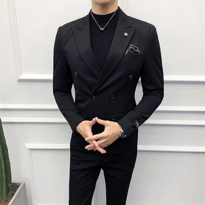 

Костюм мужской облегающий из двух предметов, свадебный смокинг с заостренным лацканом, пиджак и брюки, модная одежда, двубортный черный