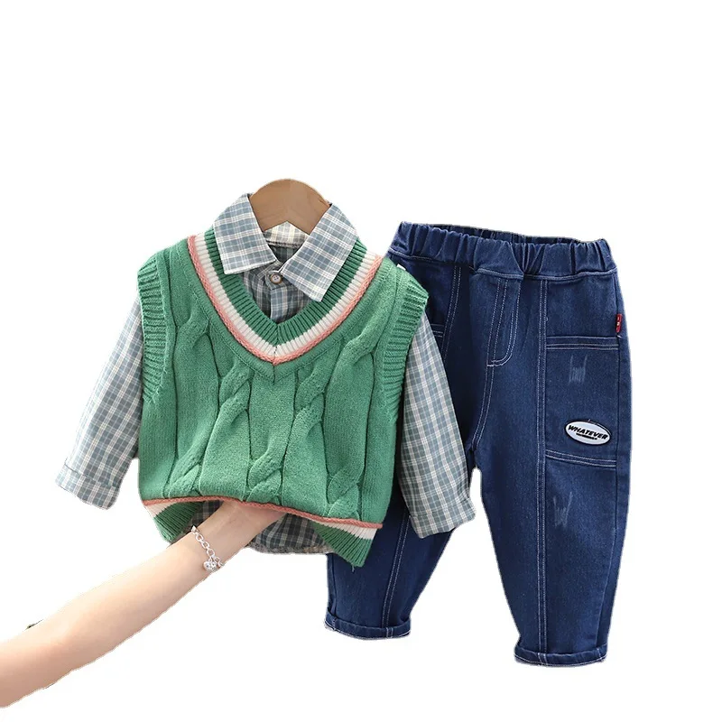 

Baby Boys Casual Set Toddler Cotton Long Sleeve Shirt+ Vest Sweater+Jean Pants Plaid Outfits Kids Spring Tracksuits 1-5 Years A6